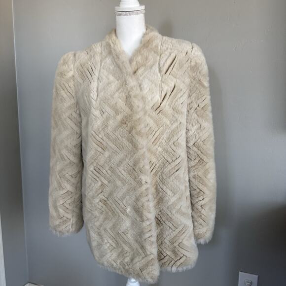 JACQUES SAINT LAURENT Vintage Herringbone Faux Fur Coat Jacket 70s Woman’s M/L - Picture 1 of 7